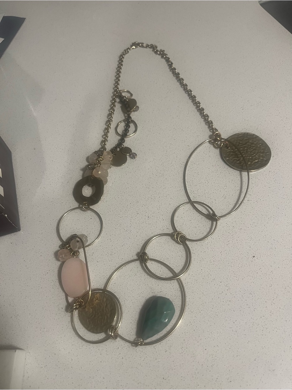 Gold-Tone Multi-Stone Statement Necklace with Pink and Teal Accents